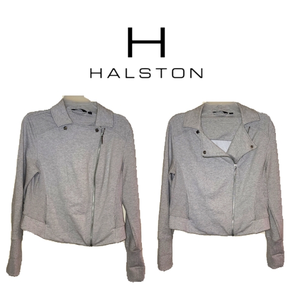 H by HALSTON- Gray Zip-Up Moto Sweater Jacket,  Size 12 - Picture 1 of 13